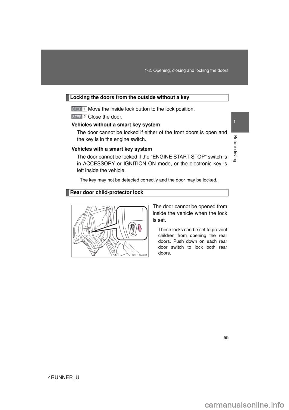 TOYOTA 4RUNNER 2012 N280 / 5.G Workshop Manual 55
1-2. Opening, closing and locking the doors
1
Before driving
4RUNNER_U
Locking the doors from the outside without a key
Move the inside lock button to the lock position.
Close the door.
Vehicles wi TOYOTA 4RUNNER 2012 N280 / 5.G Workshop Manual 55
1-2. Opening, closing and locking the doors
1
Before driving
4RUNNER_U
Locking the doors from the outside without a key
Move the inside lock button to the lock position.
Close the door.
Vehicles wi