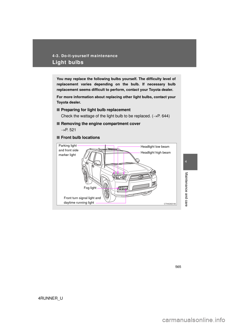 TOYOTA 4RUNNER 2012 N280 / 5.G Owners Manual 565
4-3. Do-it-yourself maintenance
4
Maintenance and care
4RUNNER_U
Light bulbs
You may replace the following bulbs yourself. The difficulty level of
replacement varies depending on the bulb. If nece