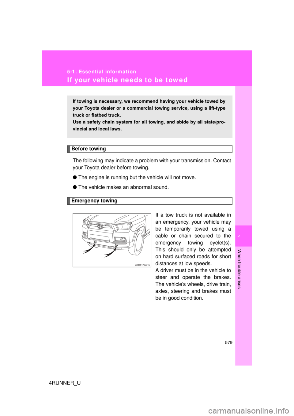 TOYOTA 4RUNNER 2012 N280 / 5.G Owners Manual 5
When trouble arises
579
5-1. Essential information
4RUNNER_U
If your vehicle needs to be towed
Before towingThe following may indicate a problem with your transmission. Contact
your Toyota dealer be