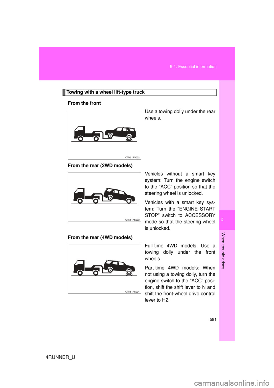 TOYOTA 4RUNNER 2012 N280 / 5.G Owners Manual 5
When trouble arises
581
5-1. Essential information
4RUNNER_U
Towing with a wheel lift-type truck
From the front Use a towing dolly under the rear
wheels.
From the rear (2WD models) Vehicles without 