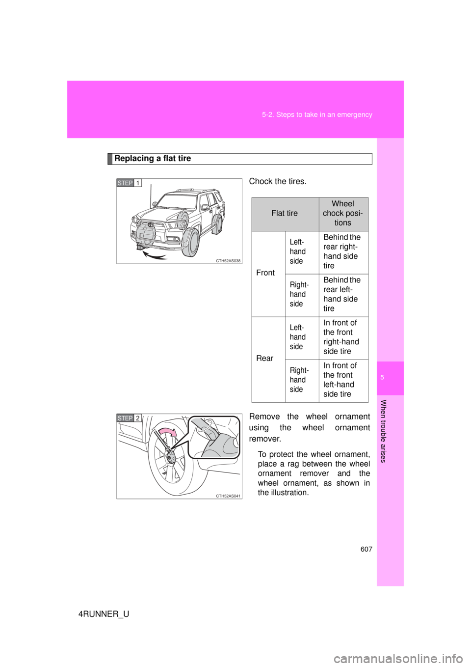 TOYOTA 4RUNNER 2012 N280 / 5.G Owners Manual 5
When trouble arises
607
5-2. Steps to take in an emergency
4RUNNER_U
Replacing a flat tire
Chock the tires.
Remove the wheel ornament
using the wheel ornament
remover.
To protect the wheel ornament,