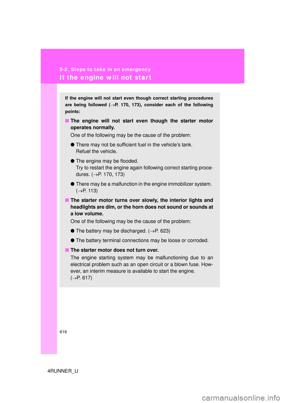 TOYOTA 4RUNNER 2012 N280 / 5.G Owners Manual 616
5-2. Steps to take in an emergency
4RUNNER_U
If the engine will not star t
If the engine will not start even though correct starting procedures
are being followed ( P. 170, 173), consider each TOYOTA 4RUNNER 2012 N280 / 5.G Owners Manual 616
5-2. Steps to take in an emergency
4RUNNER_U
If the engine will not star t
If the engine will not start even though correct starting procedures
are being followed ( P. 170, 173), consider each