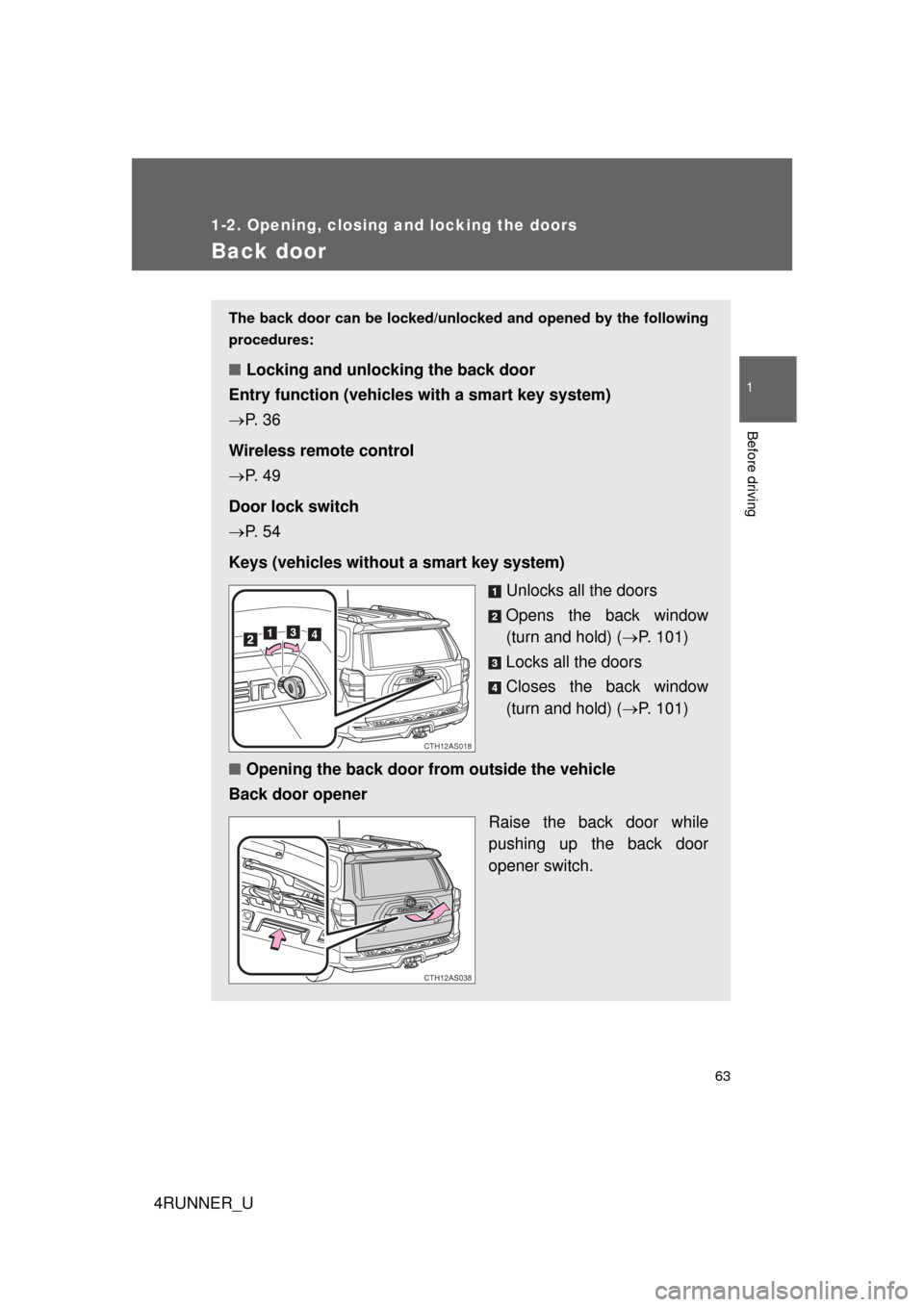 TOYOTA 4RUNNER 2012 N280 / 5.G User Guide 63
1
1-2. Opening, closing and locking the doors
Before driving
4RUNNER_U
Back door
The back door can be locked/unlocked and opened by the following
procedures:
■ Locking and unlocking the back door