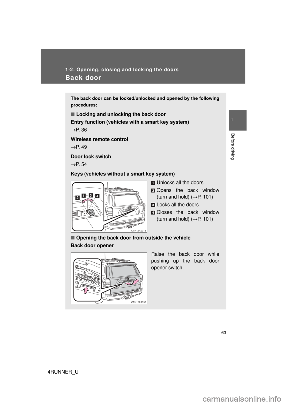 TOYOTA 4RUNNER 2012 N280 / 5.G Repair Manual 63
1
1-2. Opening, closing and locking the doors
Before driving
4RUNNER_U
Back door
The back door can be locked/unlocked and opened by the following
procedures:
■ Locking and unlocking the back door