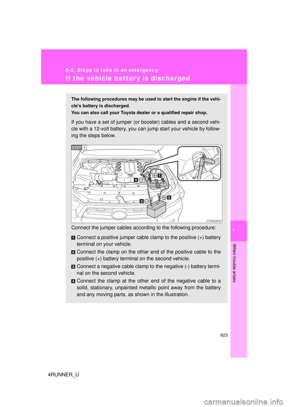 TOYOTA 4RUNNER 2012 N280 / 5.G Owners Manual 5
When trouble arises
623
5-2. Steps to take in an emergency
4RUNNER_U
If the vehicle batter y is discharged
The following procedures may be used to start the engine if the vehi-
cles battery is disc