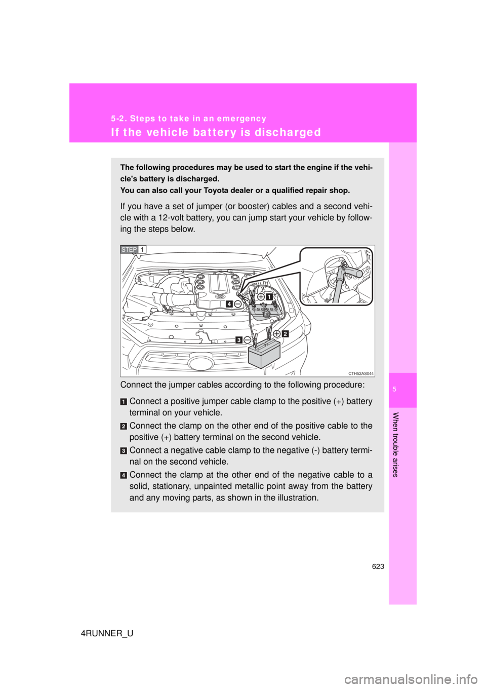 TOYOTA 4RUNNER 2012 N280 / 5.G Owners Manual 5
When trouble arises
623
5-2. Steps to take in an emergency
4RUNNER_U
If the vehicle batter y is discharged
The following procedures may be used to start the engine if the vehi-
cles battery is disc TOYOTA 4RUNNER 2012 N280 / 5.G Owners Manual 5
When trouble arises
623
5-2. Steps to take in an emergency
4RUNNER_U
If the vehicle batter y is discharged
The following procedures may be used to start the engine if the vehi-
cles battery is disc