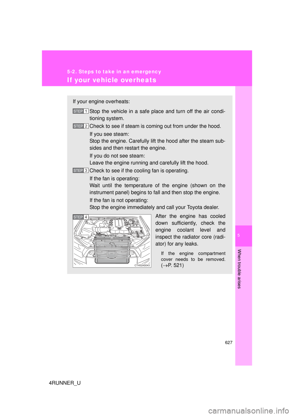 TOYOTA 4RUNNER 2012 N280 / 5.G Owners Manual 5
When trouble arises
627
5-2. Steps to take in an emergency
4RUNNER_U
If your vehicle overheats
If your engine overheats:Stop the vehicle in a safe place and turn off the air condi-
tioning system.
C TOYOTA 4RUNNER 2012 N280 / 5.G Owners Manual 5
When trouble arises
627
5-2. Steps to take in an emergency
4RUNNER_U
If your vehicle overheats
If your engine overheats:Stop the vehicle in a safe place and turn off the air condi-
tioning system.
C