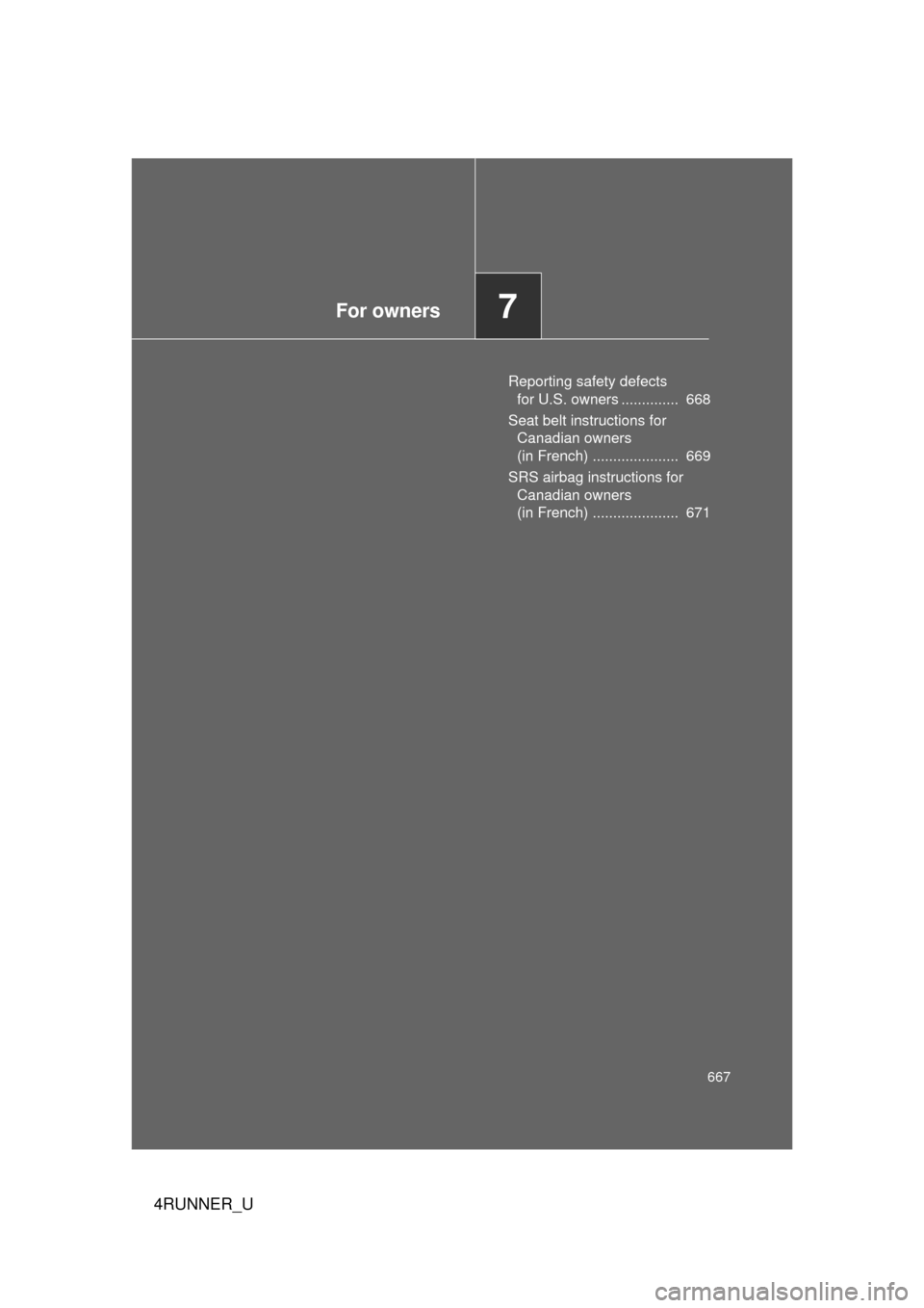 TOYOTA 4RUNNER 2012 N280 / 5.G Owners Manual For owners7
667
4RUNNER_U
Reporting safety defects for U.S. owners ..............  668
Seat belt instructions for  Canadian owners 
(in French) .....................  669
SRS airbag instructions for  