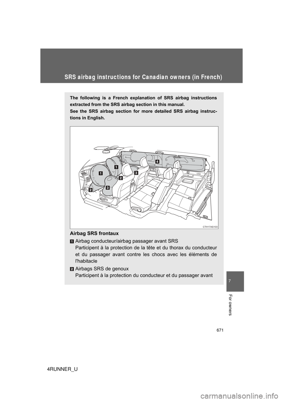 TOYOTA 4RUNNER 2012 N280 / 5.G Owners Manual 671
7
4RUNNER_U
For owners
SRS airbag instructions for Canadian owners (in French)
The following is a French explanation of SRS airbag instructions
extracted from the SRS airbag section in this manual TOYOTA 4RUNNER 2012 N280 / 5.G Owners Manual 671
7
4RUNNER_U
For owners
SRS airbag instructions for Canadian owners (in French)
The following is a French explanation of SRS airbag instructions
extracted from the SRS airbag section in this manual
