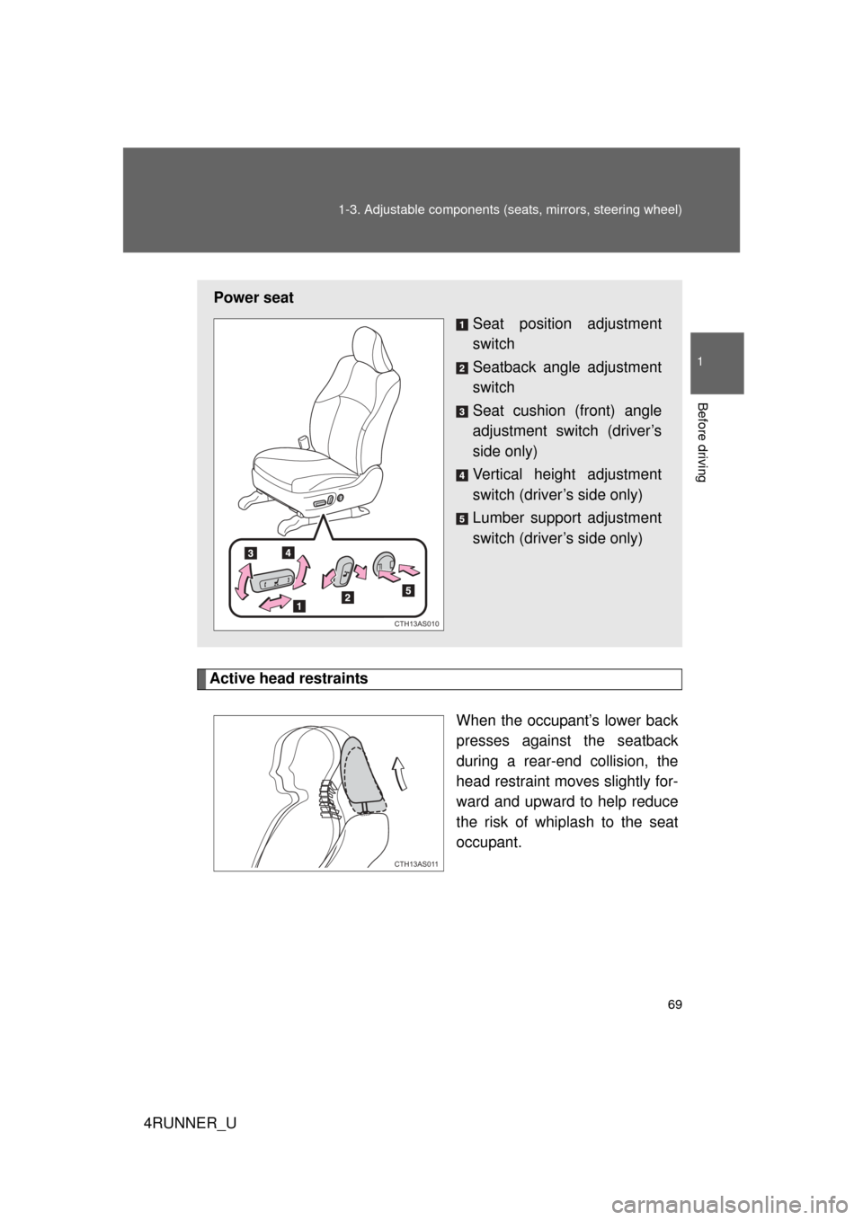 TOYOTA 4RUNNER 2012 N280 / 5.G Owners Manual 69
1-3. Adjustable components (s
eats, mirrors, steering wheel)
1
Before driving
4RUNNER_U
Active head restraints
When the occupant’s lower back
presses against the seatback
during a rear-end collis