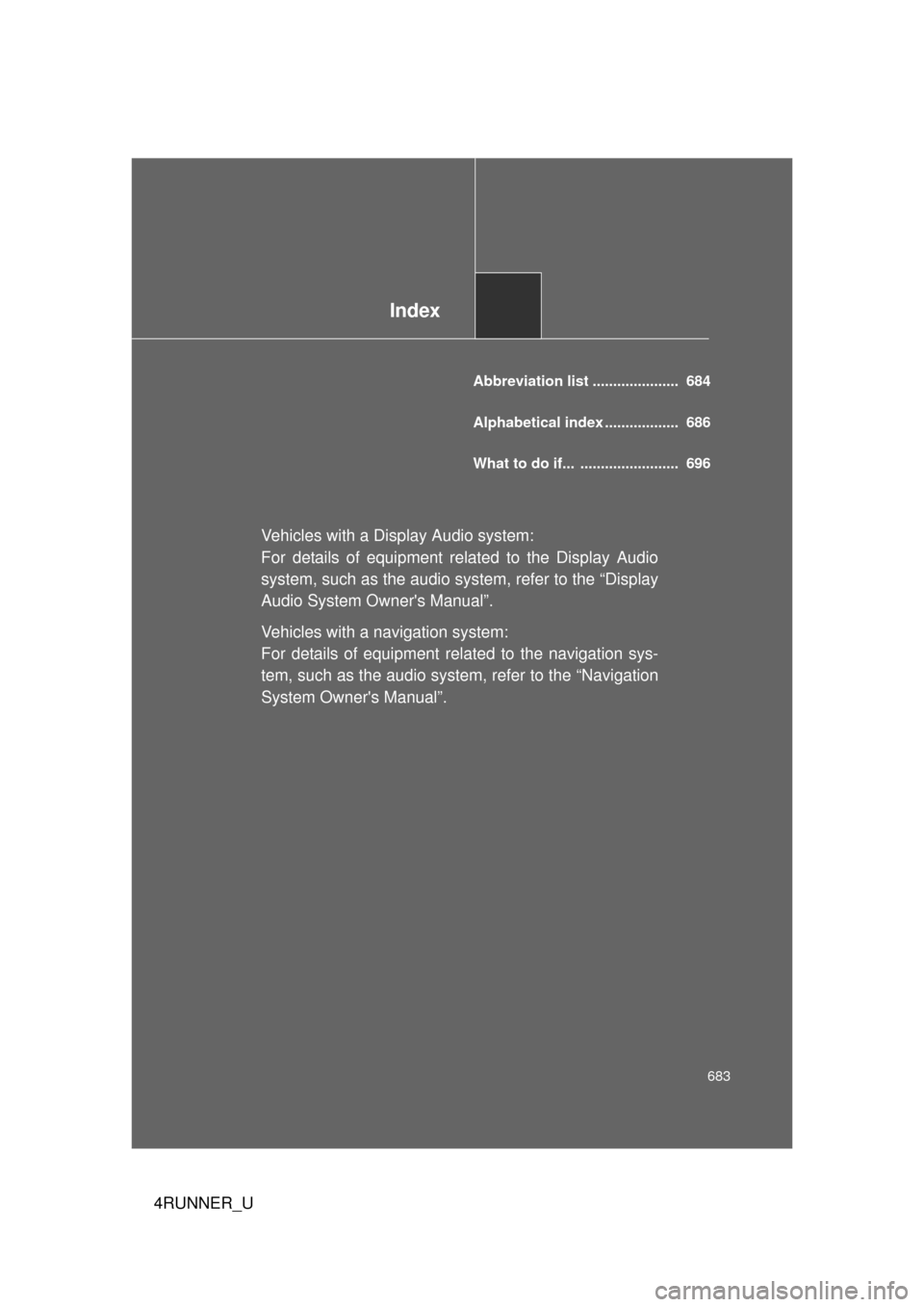 TOYOTA 4RUNNER 2012 N280 / 5.G Owners Manual Index
683
4RUNNER_U
Abbreviation list ..................... 684
Alphabetical index .................. 686
What to do if... ........................ 696
Vehicles with a Display Audio system:
For de TOYOTA 4RUNNER 2012 N280 / 5.G Owners Manual Index
683
4RUNNER_U
Abbreviation list ..................... 684
Alphabetical index .................. 686
What to do if... ........................ 696
Vehicles with a Display Audio system:
For de
