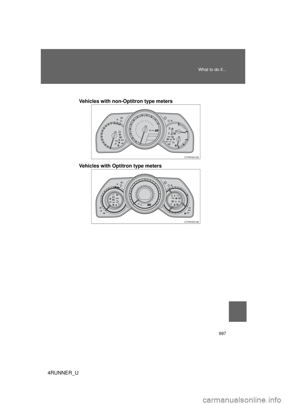 TOYOTA 4RUNNER 2012 N280 / 5.G Owners Manual 697
What to do if...
4RUNNER_U
Vehicles with non-Optitron type meters
Vehicles with Optitron type meters
CTHPIAS105
CTHPIAS106 