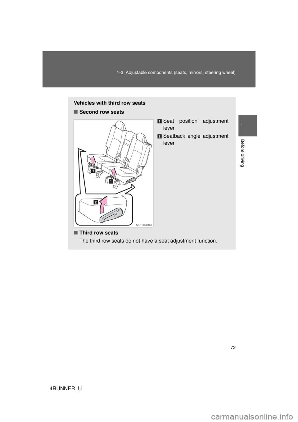 TOYOTA 4RUNNER 2012 N280 / 5.G Manual PDF 73
1-3. Adjustable components (s
eats, mirrors, steering wheel)
1
Before driving
4RUNNER_U
Vehicles with third row seats
■Second row seats
Seat position adjustment
lever
Seatback angle adjustment
le