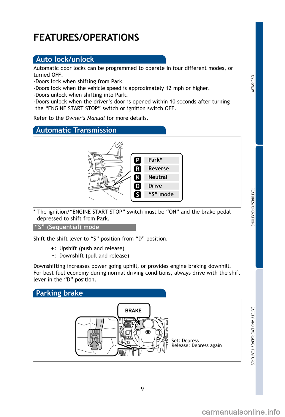 TOYOTA 4RUNNER 2012 N280 / 5.G Quick Reference Guide OVERVIEW
FEATURES/OPERATIONS
SAFETY AND EMERGENCY FEATURES
9
FEATURES/OPERATIONS
Automatic Transmission
* The ignition/“ENGINE START STOP” switch must be “ON” and t\
he brake pedaldepressed to TOYOTA 4RUNNER 2012 N280 / 5.G Quick Reference Guide OVERVIEW
FEATURES/OPERATIONS
SAFETY AND EMERGENCY FEATURES
9
FEATURES/OPERATIONS
Automatic Transmission
* The ignition/“ENGINE START STOP” switch must be “ON” and t\
he brake pedaldepressed to