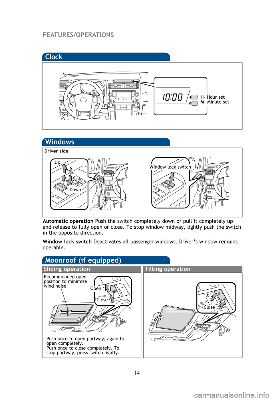 TOYOTA 4RUNNER 2012 N280 / 5.G Quick Reference Guide 14
FEATURES/OPERATIONS
Clock
H-Hour set
M- Minute set
Windows
Driver side
Automatic operation  Push the switch completely down or pull it completely up
and release to fully open or close. To stop wind
