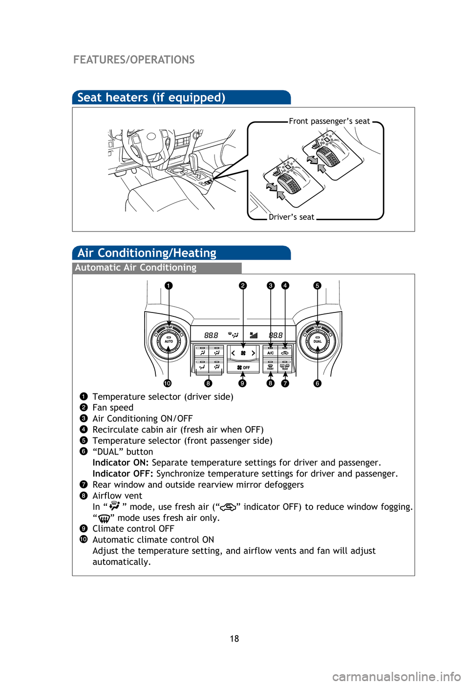 TOYOTA 4RUNNER 2012 N280 / 5.G Quick Reference Guide 18
Air Conditioning/Heating 
FEATURES/OPERATIONS
Temperature selector (driver side)
Fan speed
Air Conditioning ON/OFF
Recirculate cabin air (fresh air when OFF)
Temperature selector (front passenger s
