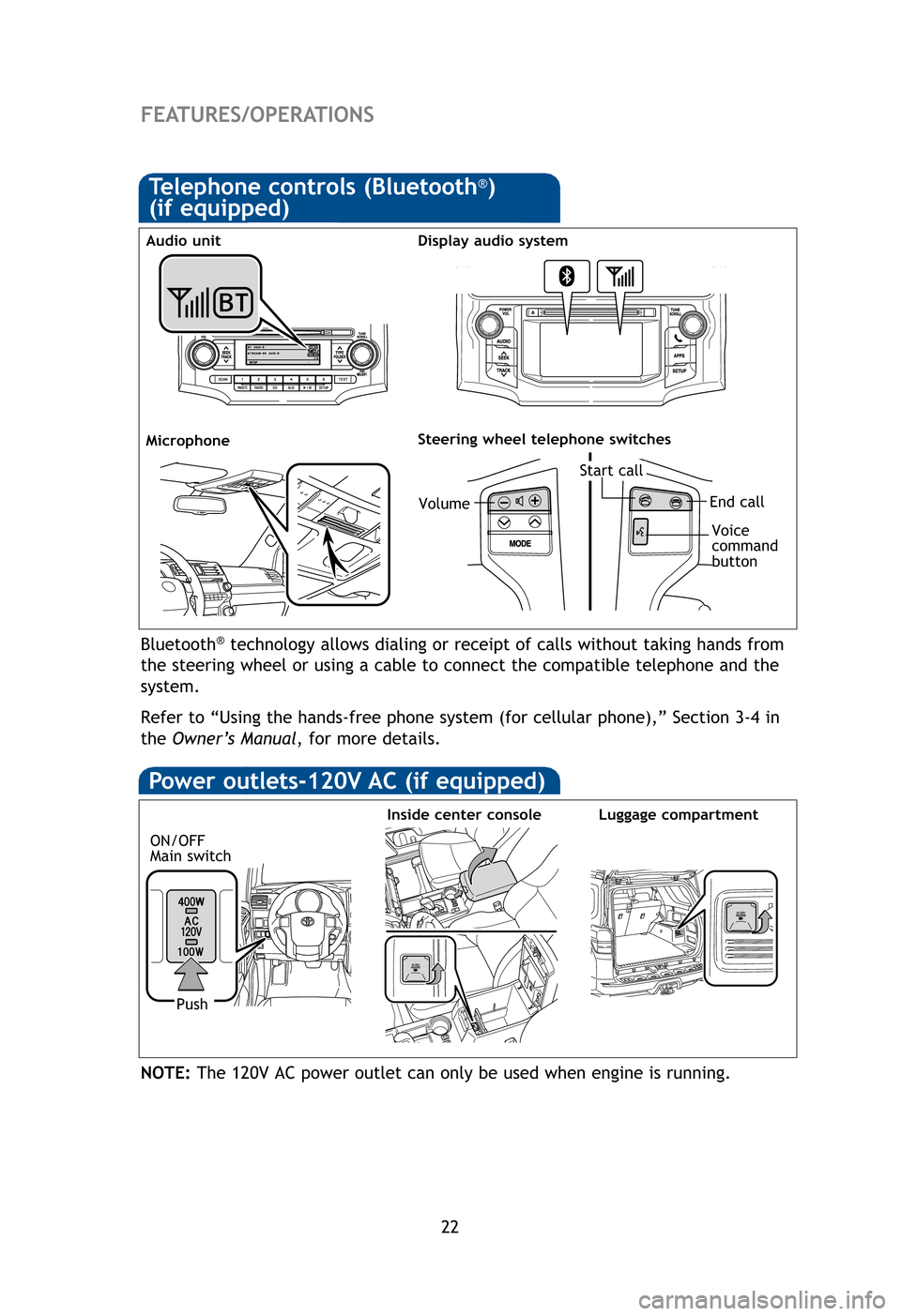 TOYOTA 4RUNNER 2012 N280 / 5.G Quick Reference Guide 22
FEATURES/OPERATIONS
Bluetooth®technology allows dialing or receipt of calls without taking hands from
the steering wheel or using a cable to connect the compatible telephone \
and the
system.
Ref TOYOTA 4RUNNER 2012 N280 / 5.G Quick Reference Guide 22
FEATURES/OPERATIONS
Bluetooth®technology allows dialing or receipt of calls without taking hands from
the steering wheel or using a cable to connect the compatible telephone \
and the
system.
Ref