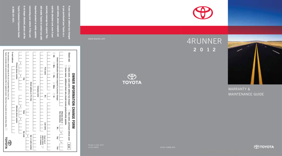 TOYOTA 4RUNNER 2012 N280 / 5.G Warranty And Maintenance Guide 
