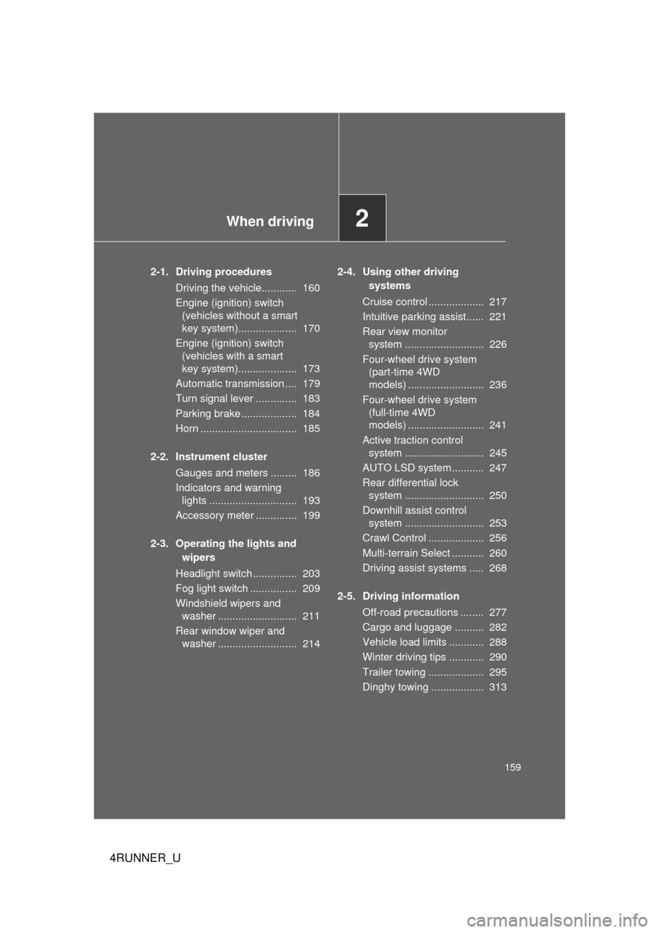 TOYOTA 4RUNNER 2013 N280 / 5.G Owners Manual When driving2
159
4RUNNER_U
2-1. Driving proceduresDriving the vehicle............ 160
Engine (ignition) switch (vehicles without a smart
key system).................... 170
Engine (ignition) switc TOYOTA 4RUNNER 2013 N280 / 5.G Owners Manual When driving2
159
4RUNNER_U
2-1. Driving proceduresDriving the vehicle............ 160
Engine (ignition) switch (vehicles without a smart
key system).................... 170
Engine (ignition) switc