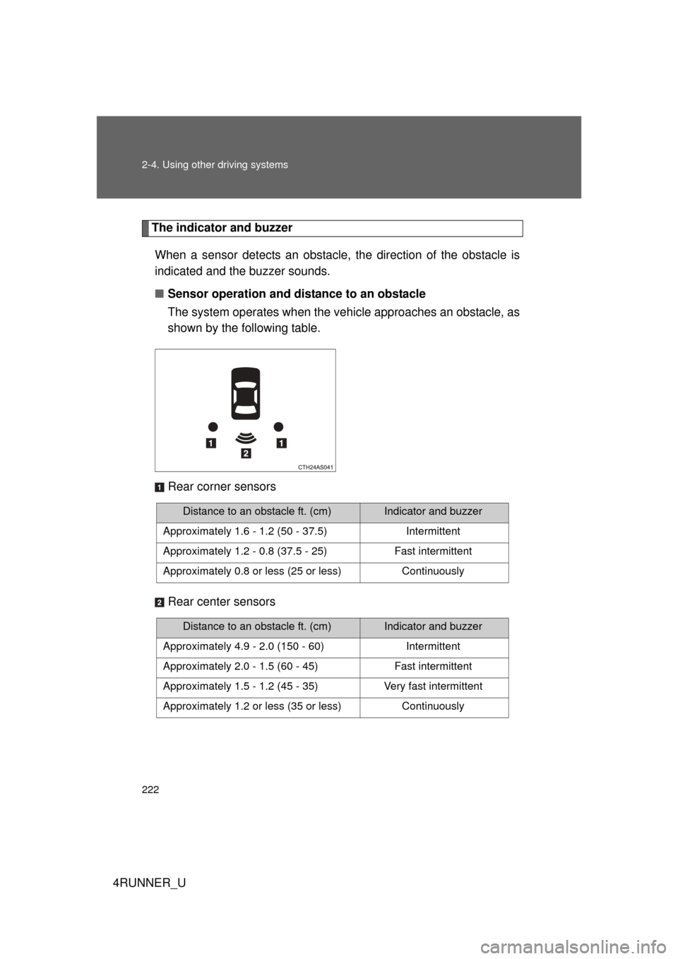 TOYOTA 4RUNNER 2013 N280 / 5.G Owners Manual 222 2-4. Using other driving systems
4RUNNER_U
The indicator and buzzerWhen a sensor detects an obstacle, the direction of the obstacle is
indicated and the buzzer sounds.
■ Sensor operation and di TOYOTA 4RUNNER 2013 N280 / 5.G Owners Manual 222 2-4. Using other driving systems
4RUNNER_U
The indicator and buzzerWhen a sensor detects an obstacle, the direction of the obstacle is
indicated and the buzzer sounds.
■ Sensor operation and di