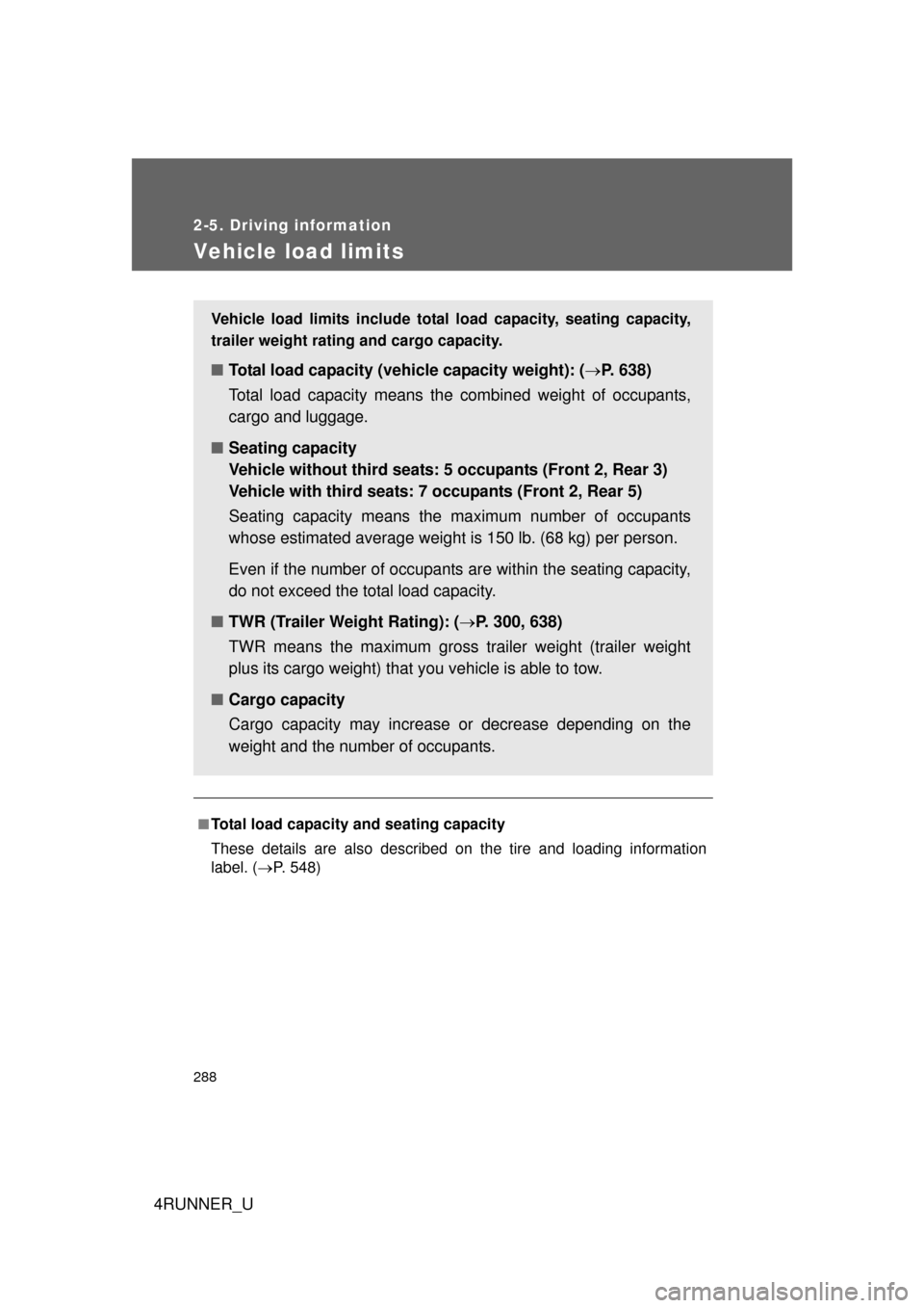 TOYOTA 4RUNNER 2013 N280 / 5.G Owners Manual 288
2-5. Driving information
4RUNNER_U
Vehicle load limits
■Total load capacity and seating capacity
These details are also described on the tire and loading information
label. (P. 548)
Vehicle l
