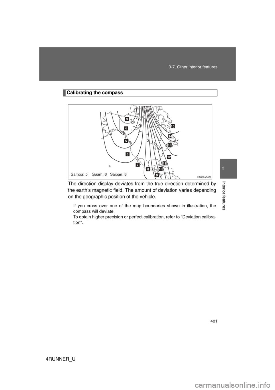 TOYOTA 4RUNNER 2013 N280 / 5.G Manual PDF 481
3-7. Other interior features
3
Interior features
4RUNNER_U
Calibrating the compass
The direction display deviates fr om the true direction determined by
the earth’s magnetic field. The amount of