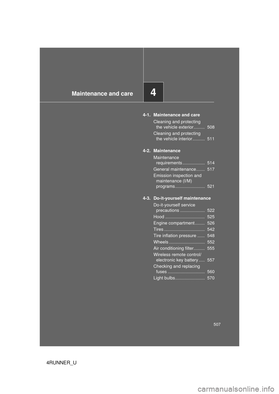 TOYOTA 4RUNNER 2013 N280 / 5.G Owners Manual Maintenance and care4
507
4RUNNER_U
4-1. Maintenance and careCleaning and protecting the vehicle exterior .........  508
Cleaning and protecting  the vehicle interior ..........  511
4-2. Maintenance 