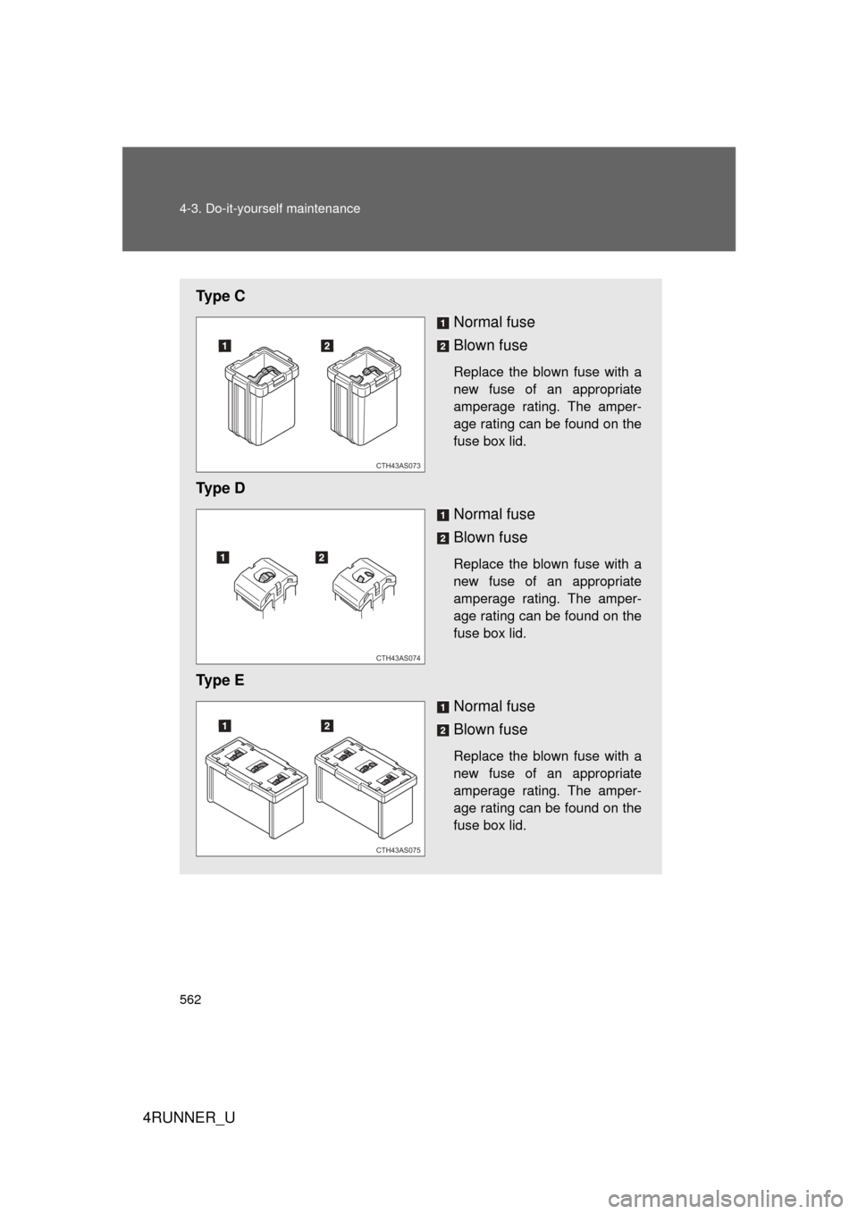 TOYOTA 4RUNNER 2013 N280 / 5.G Owners Manual 562 4-3. Do-it-yourself maintenance
4RUNNER_U
Ty p e  CNormal fuse
Blown fuse
Replace the blown fuse with a
new fuse of an appropriate
amperage rating. The amper-
age rating can be found on the
fuse b
