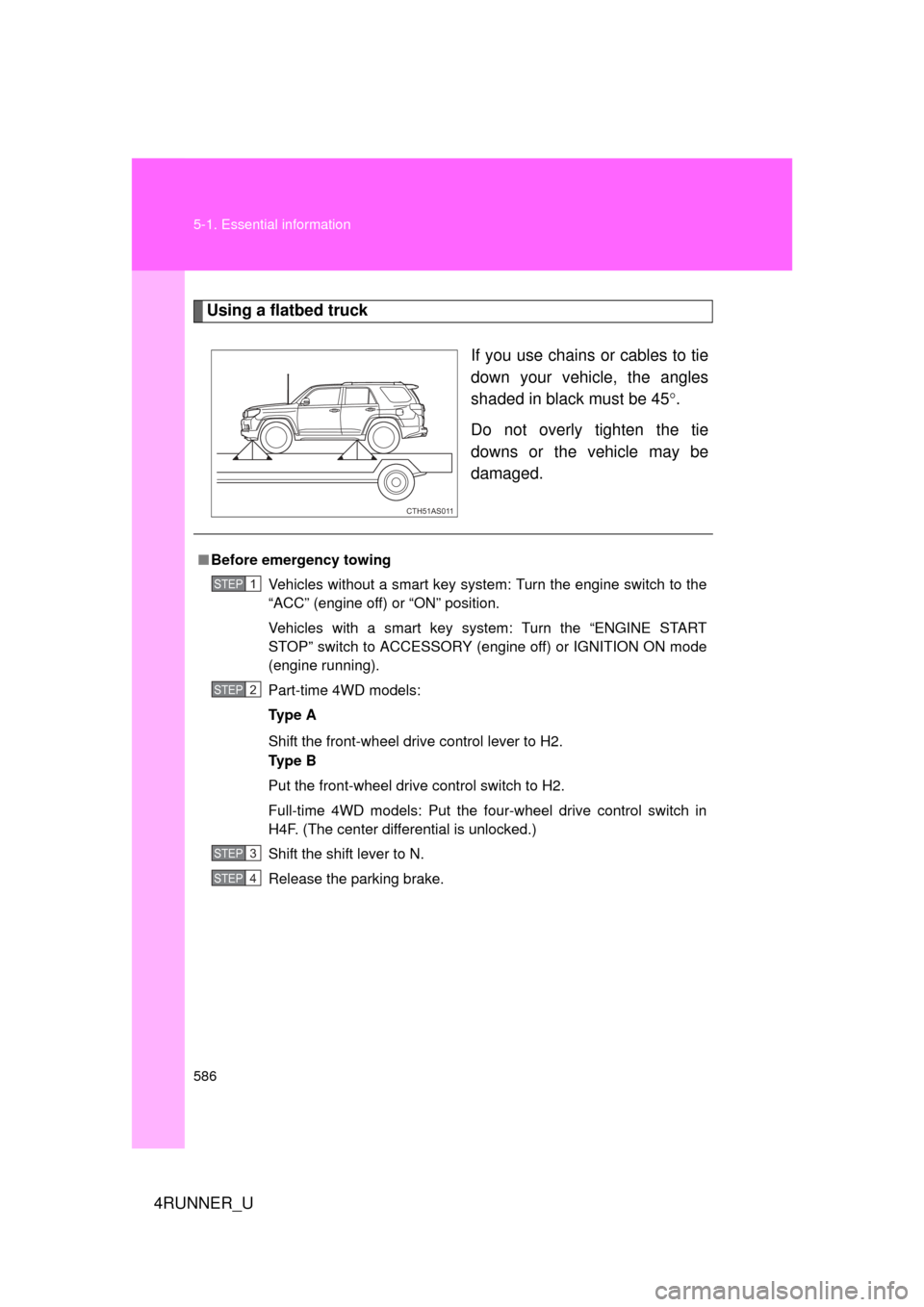 TOYOTA 4RUNNER 2013 N280 / 5.G Owners Manual 586 5-1. Essential information
4RUNNER_U
Using a flatbed truckIf you use chains or cables to tie
down your vehicle, the angles
shaded in black must be 45.
Do not overly tighten the tie
downs or the TOYOTA 4RUNNER 2013 N280 / 5.G Owners Manual 586 5-1. Essential information
4RUNNER_U
Using a flatbed truckIf you use chains or cables to tie
down your vehicle, the angles
shaded in black must be 45.
Do not overly tighten the tie
downs or the