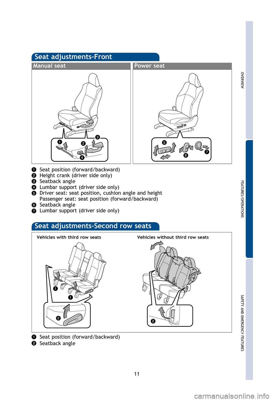 TOYOTA 4RUNNER 2013 N280 / 5.G Quick Reference Guide OVERVIEW
FEATURES/OPERATIONS
SAFETY AND EMERGENCY FEATURES
11
Hold wheel, push lever down, set angle and length, and return lever. 
NOTE: Do not attempt to adjust while the vehicle is in motion.
Lengt