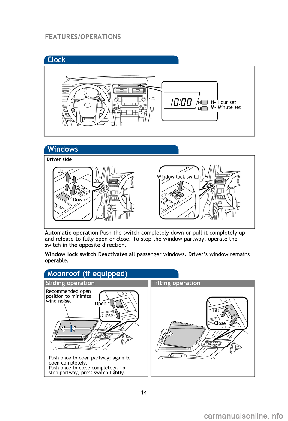 TOYOTA 4RUNNER 2013 N280 / 5.G Quick Reference Guide 14
FEATURES/OPERATIONS
Light control-Instrument panel
Clock
H- Hour set
M- Minute set
Operating from inside
Windows
Driver side
Automatic operation Push the switch completely down or pull it completel