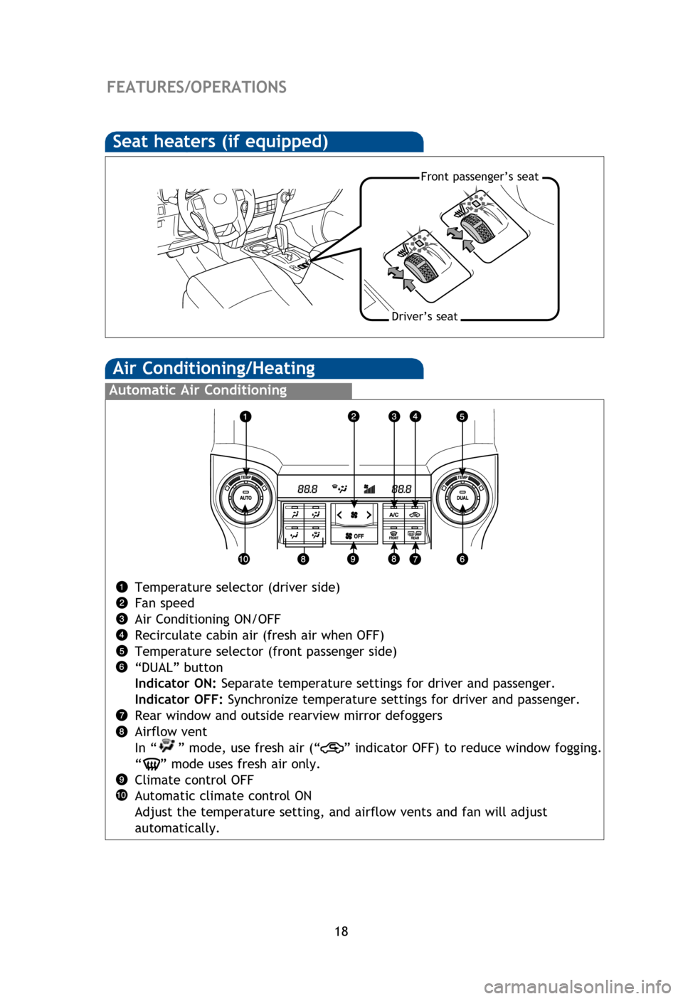 TOYOTA 4RUNNER 2013 N280 / 5.G Quick Reference Guide 18
Air Conditioning/Heating 
FEATURES/OPERATIONS
Temperature selector (driver side)
Fan speed
Air Conditioning ON/OFF
Recirculate cabin air (fresh air when OFF)
Temperature selector (front passenger s