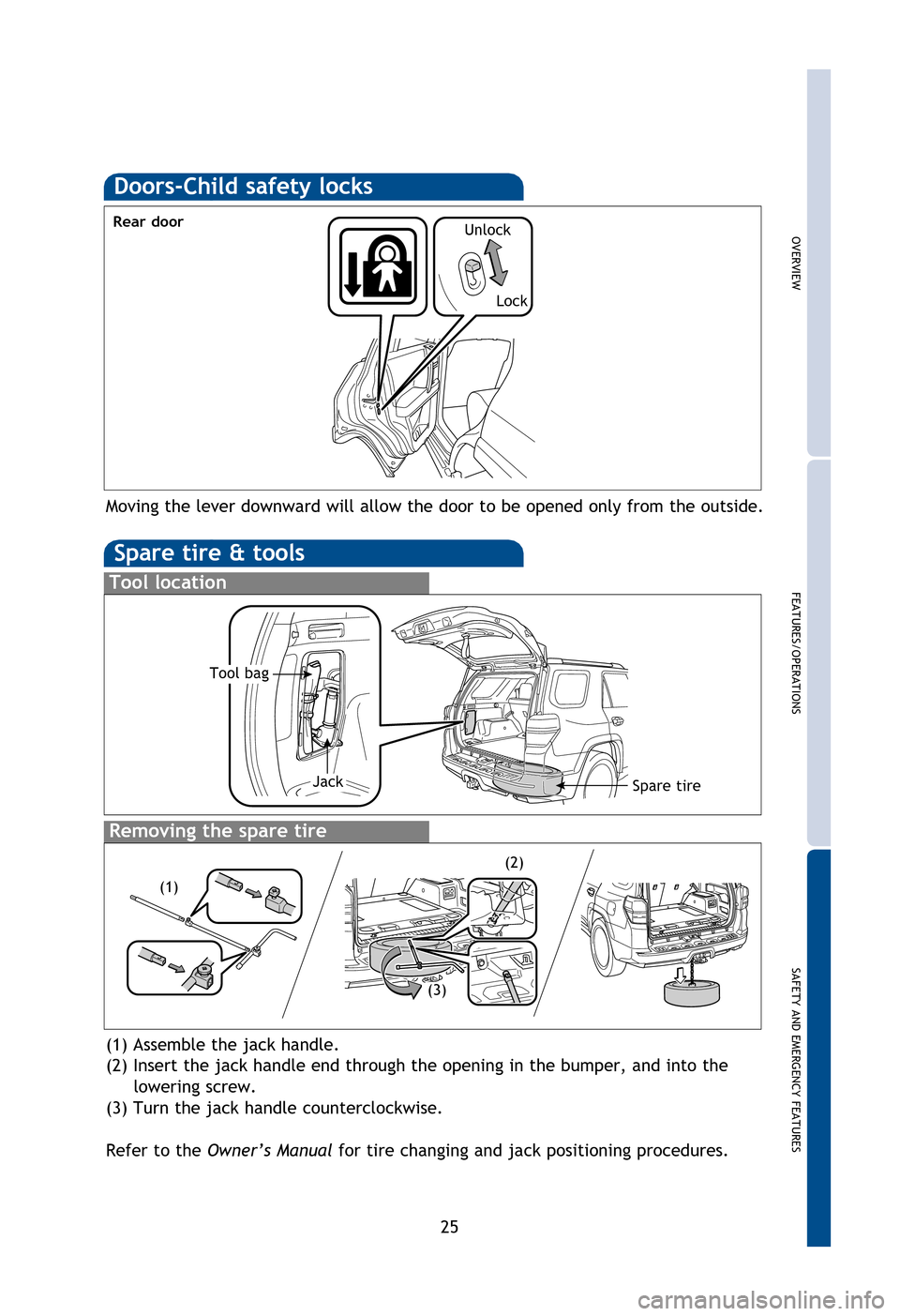 TOYOTA 4RUNNER 2013 N280 / 5.G Quick Reference Guide OVERVIEW
FEATURES/OPERATIONS
SAFETY AND EMERGENCY FEATURES
25
SAFETY AND EMERGENCY FEATURES
If tire pressure becomes critically low on any of the tires, “” indicator light
will come on. Correctly TOYOTA 4RUNNER 2013 N280 / 5.G Quick Reference Guide OVERVIEW
FEATURES/OPERATIONS
SAFETY AND EMERGENCY FEATURES
25
SAFETY AND EMERGENCY FEATURES
If tire pressure becomes critically low on any of the tires, “” indicator light
will come on. Correctly
