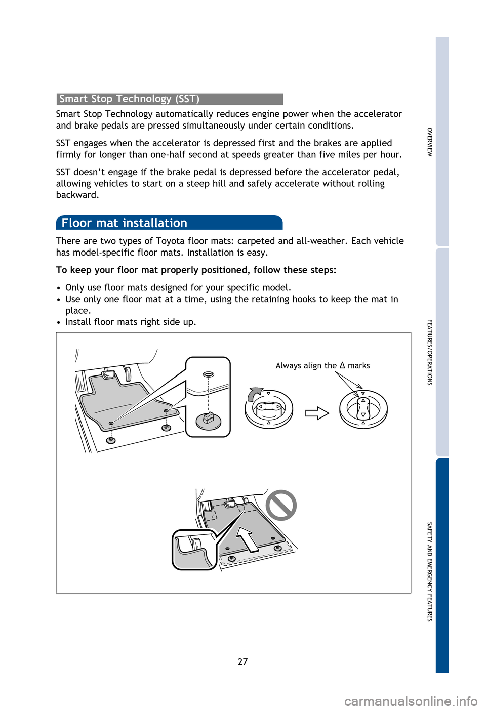 TOYOTA 4RUNNER 2013 N280 / 5.G Quick Reference Guide OVERVIEW
FEATURES/OPERATIONS
SAFETY AND EMERGENCY FEATURES
27
There are two types of Toyota floor mats: carpeted and all-weather. Each vehicle
has model-specific floor mats. Installation is easy.
To TOYOTA 4RUNNER 2013 N280 / 5.G Quick Reference Guide OVERVIEW
FEATURES/OPERATIONS
SAFETY AND EMERGENCY FEATURES
27
There are two types of Toyota floor mats: carpeted and all-weather. Each vehicle
has model-specific floor mats. Installation is easy.
To