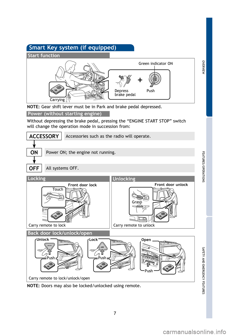 TOYOTA 4RUNNER 2013 N280 / 5.G Quick Reference Guide OVERVIEW
FEATURES/OPERATIONS
SAFETY AND EMERGENCY FEATURES
7
NOTE: Tighten until one click is heard. If the cap is not properly sealed, Check 
Engine “
” indicator may illuminate.
NOTE: If a door 