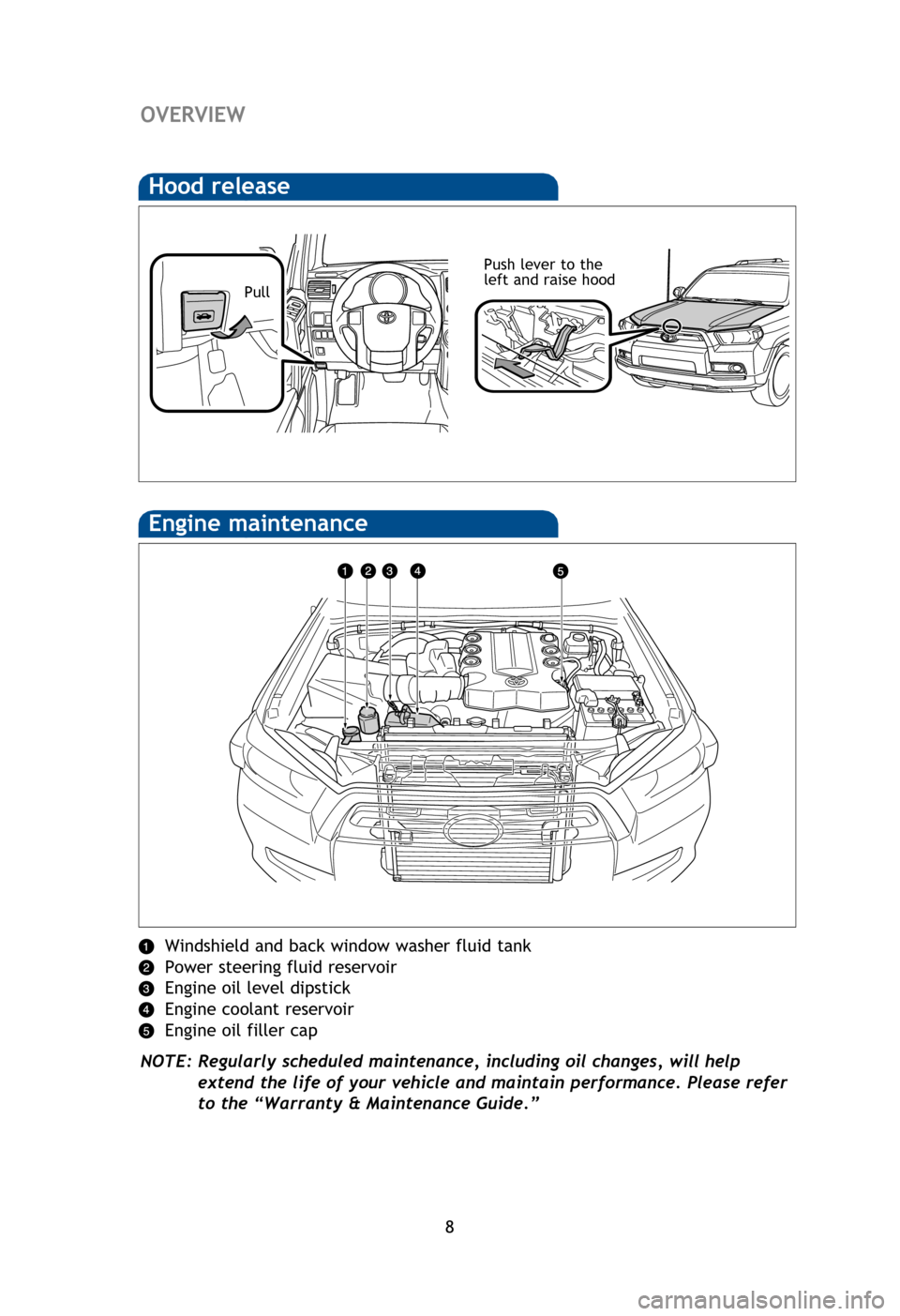 TOYOTA 4RUNNER 2013 N280 / 5.G Quick Reference Guide 8
   Windshield and back window 
 
washer fluid tank
Power steering fluid reservoir
Engine oil level dipstick
Engine coolant reservoir
Engine oil filler cap
NOTE: Regularly scheduled maintenance, incl