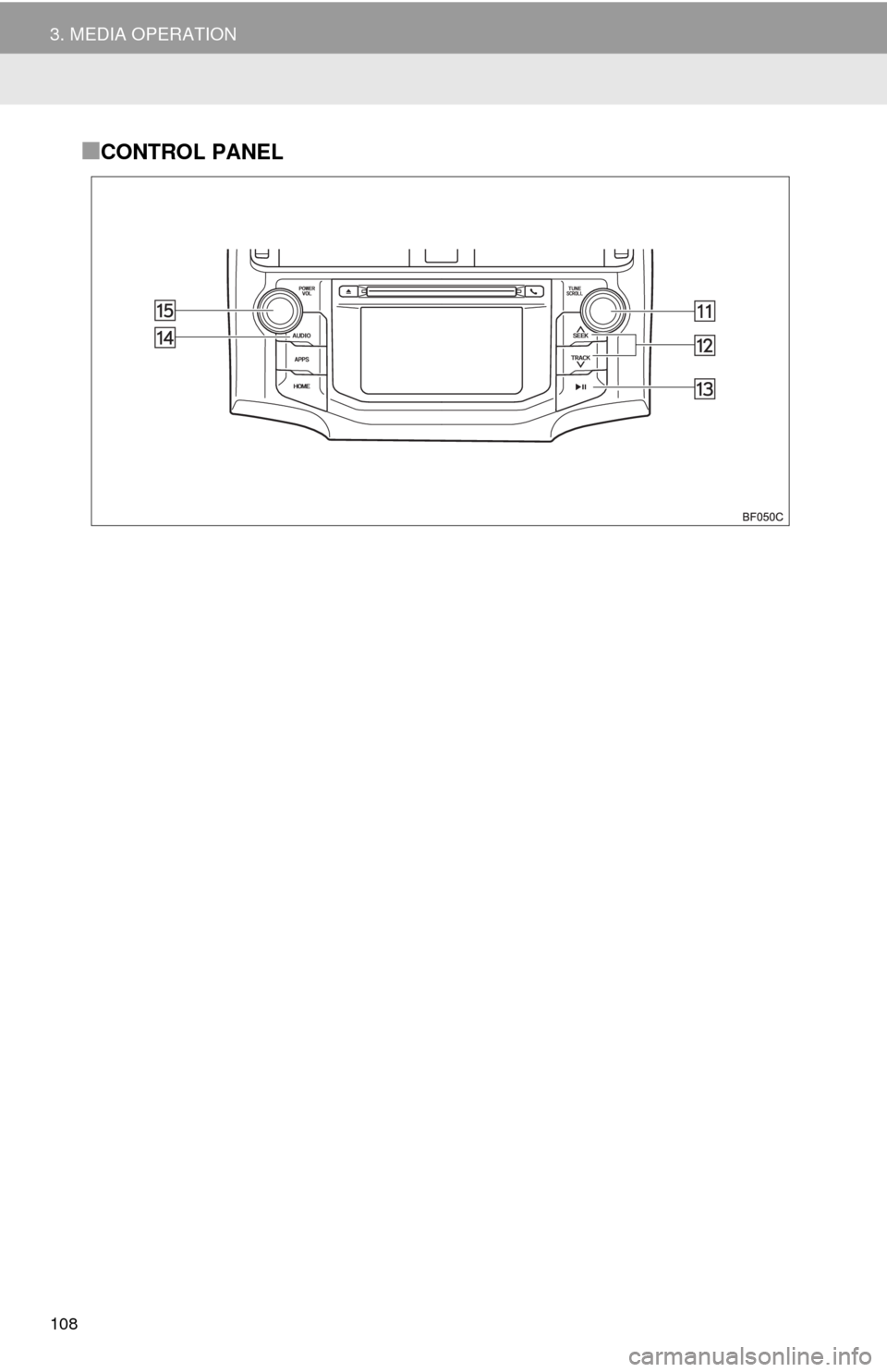 TOYOTA 4RUNNER 2014 N280 / 5.G Navigation Manual 108
3. MEDIA OPERATION
■CONTROL PANEL TOYOTA 4RUNNER 2014 N280 / 5.G Navigation Manual 108
3. MEDIA OPERATION
■CONTROL PANEL