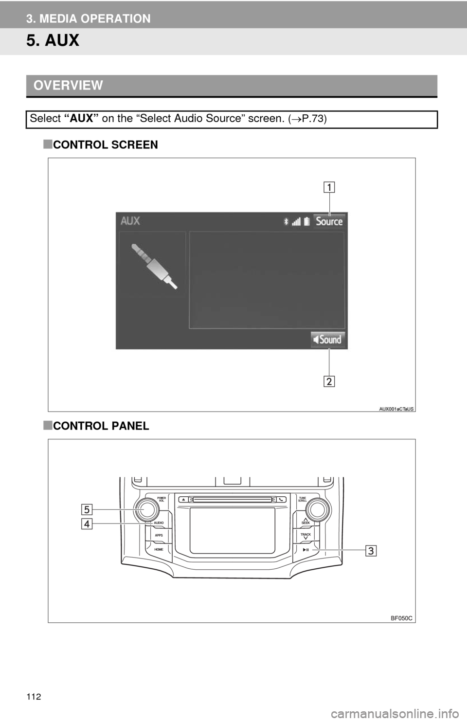 TOYOTA 4RUNNER 2014 N280 / 5.G Navigation Manual 112
3. MEDIA OPERATION
5. AUX
■CONTROL SCREEN
■CONTROL PANEL
OVERVIEW
Select “AUX” on the “Select Audio Source” screen. (P.73) 