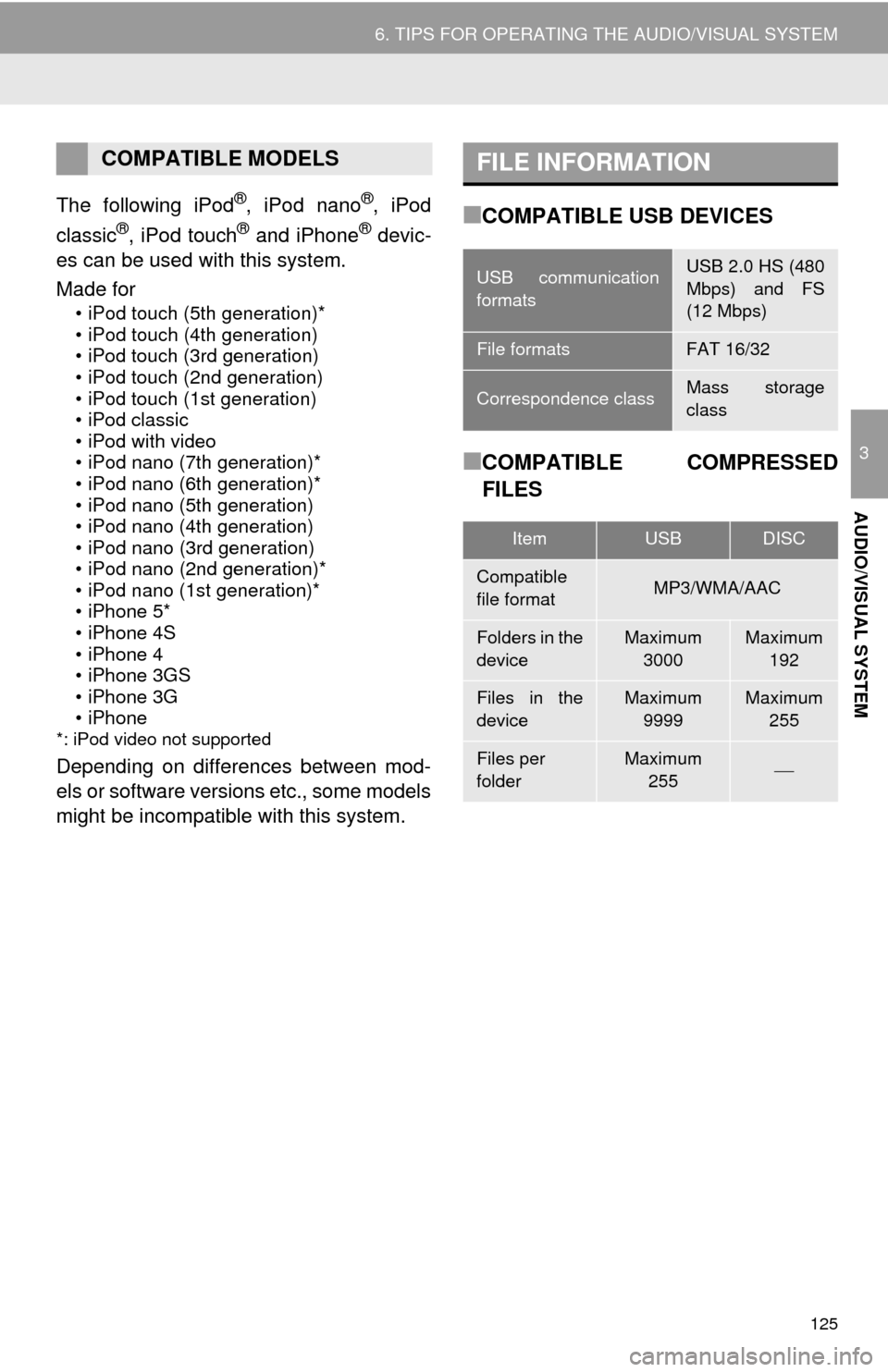 TOYOTA 4RUNNER 2014 N280 / 5.G Navigation Manual 125
6. TIPS FOR OPERATING THE AUDIO/VISUAL SYSTEM
3
AUDIO/VISUAL SYSTEM
The following iPod®, iPod nano®, iPod
classic®, iPod touch® and iPhone® devic-
es can be used with this system.
Made for
TOYOTA 4RUNNER 2014 N280 / 5.G Navigation Manual 125
6. TIPS FOR OPERATING THE AUDIO/VISUAL SYSTEM
3
AUDIO/VISUAL SYSTEM
The following iPod®, iPod nano®, iPod
classic®, iPod touch® and iPhone® devic-
es can be used with this system.
Made for