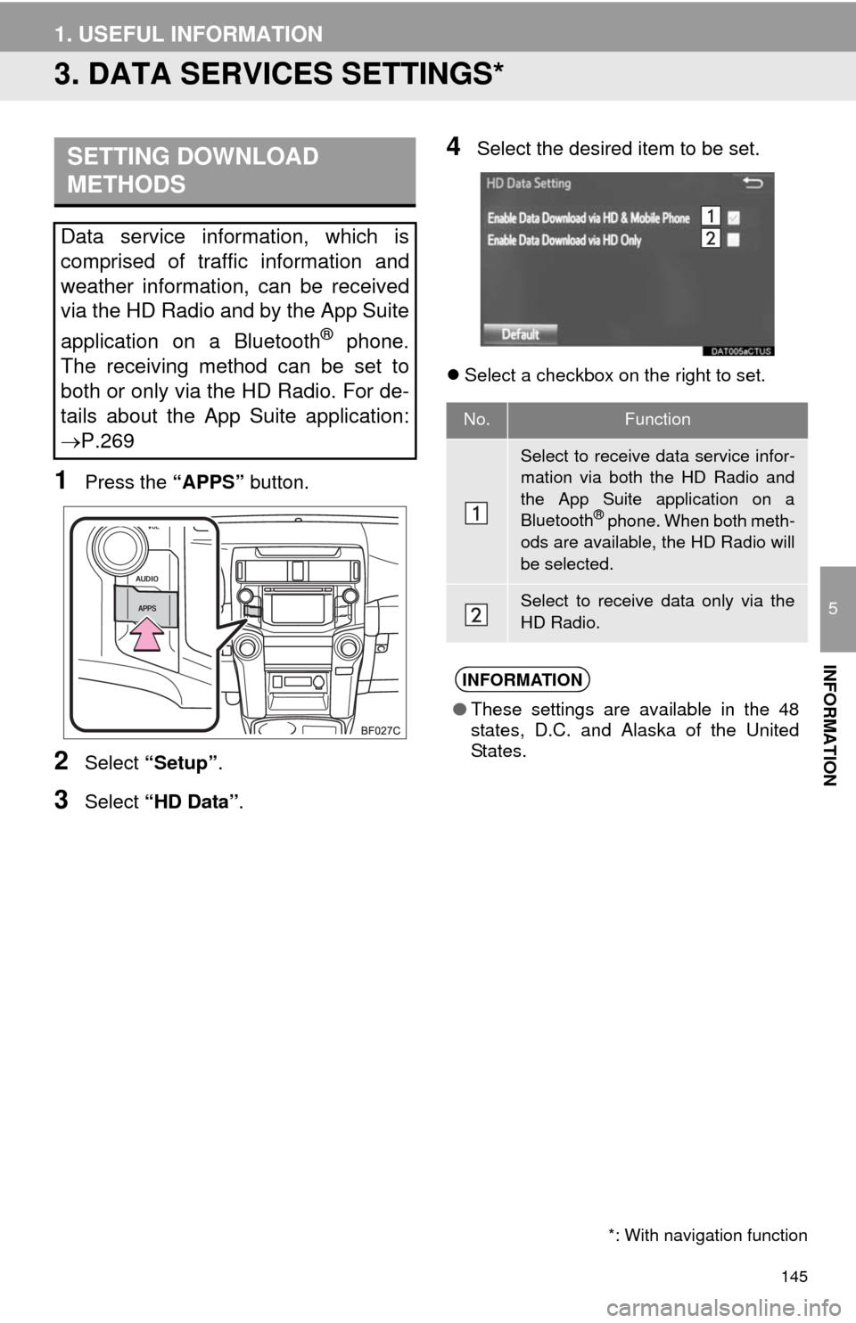 TOYOTA 4RUNNER 2014 N280 / 5.G Navigation Manual 145
1. USEFUL INFORMATION
5
INFORMATION
3. DATA SERVICES SETTINGS*
1Press the “APPS” button.
2Select “Setup”.
3Select “HD Data”.
4Select the desired item to be set.
Select a checkbox on TOYOTA 4RUNNER 2014 N280 / 5.G Navigation Manual 145
1. USEFUL INFORMATION
5
INFORMATION
3. DATA SERVICES SETTINGS*
1Press the “APPS” button.
2Select “Setup”.
3Select “HD Data”.
4Select the desired item to be set.
Select a checkbox on