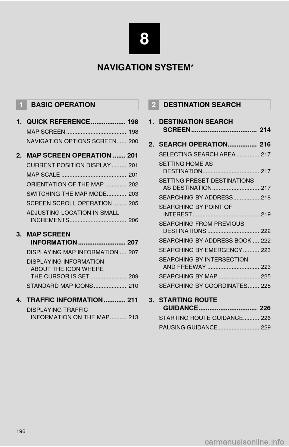 TOYOTA 4RUNNER 2014 N280 / 5.G Navigation Manual 196
1. QUICK REFERENCE ................... 198
MAP SCREEN ..................................... 198
NAVIGATION OPTIONS SCREEN...... 200
2. MAP SCREEN OPERATION ....... 201
CURRENT POSITION DISPLAY . TOYOTA 4RUNNER 2014 N280 / 5.G Navigation Manual 196
1. QUICK REFERENCE ................... 198
MAP SCREEN ..................................... 198
NAVIGATION OPTIONS SCREEN...... 200
2. MAP SCREEN OPERATION ....... 201
CURRENT POSITION DISPLAY .