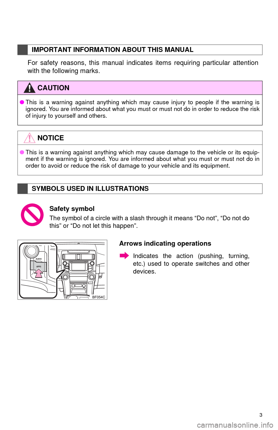 TOYOTA 4RUNNER 2014 N280 / 5.G Navigation Manual 3
For safety reasons, this manual indicates items requiring particular attention
with the following marks.
IMPORTANT INFORMATION ABOUT THIS MANUAL
CAUTION
●This is a warning against anything which m