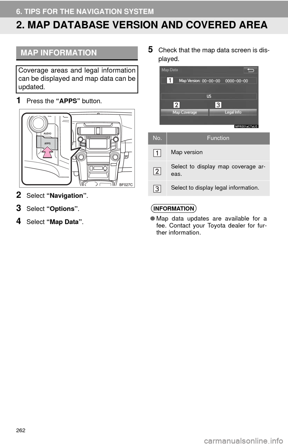 TOYOTA 4RUNNER 2014 N280 / 5.G Navigation Manual 262
6. TIPS FOR THE NAVIGATION SYSTEM
2. MAP DATABASE VERSION AND COVERED AREA
1Press the “APPS” button.
2Select “Navigation”.
3Select “Options”.
4Select “Map Data”.
5Check that the ma TOYOTA 4RUNNER 2014 N280 / 5.G Navigation Manual 262
6. TIPS FOR THE NAVIGATION SYSTEM
2. MAP DATABASE VERSION AND COVERED AREA
1Press the “APPS” button.
2Select “Navigation”.
3Select “Options”.
4Select “Map Data”.
5Check that the ma