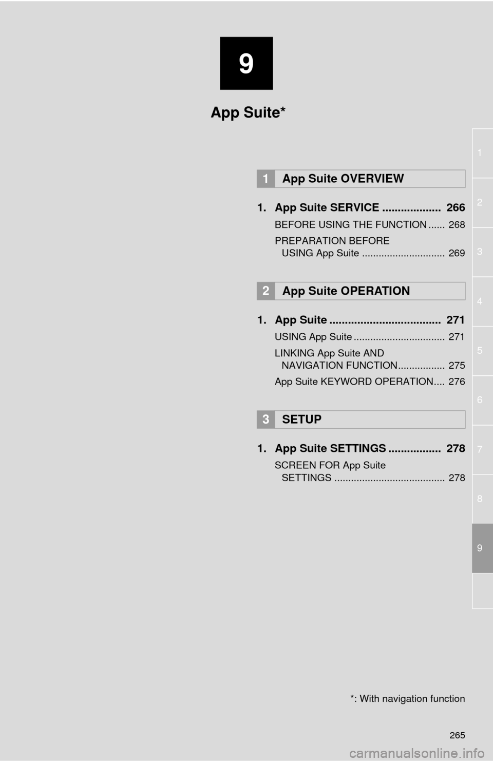 TOYOTA 4RUNNER 2014 N280 / 5.G Navigation Manual 9
265
1
2
3
4
5
6
7
8
9
1. App Suite SERVICE ................... 266
BEFORE USING THE FUNCTION ...... 268
PREPARATION BEFORE
USING App Suite .............................. 269
1. App Suite ....... TOYOTA 4RUNNER 2014 N280 / 5.G Navigation Manual 9
265
1
2
3
4
5
6
7
8
9
1. App Suite SERVICE ................... 266
BEFORE USING THE FUNCTION ...... 268
PREPARATION BEFORE
USING App Suite .............................. 269
1. App Suite .......