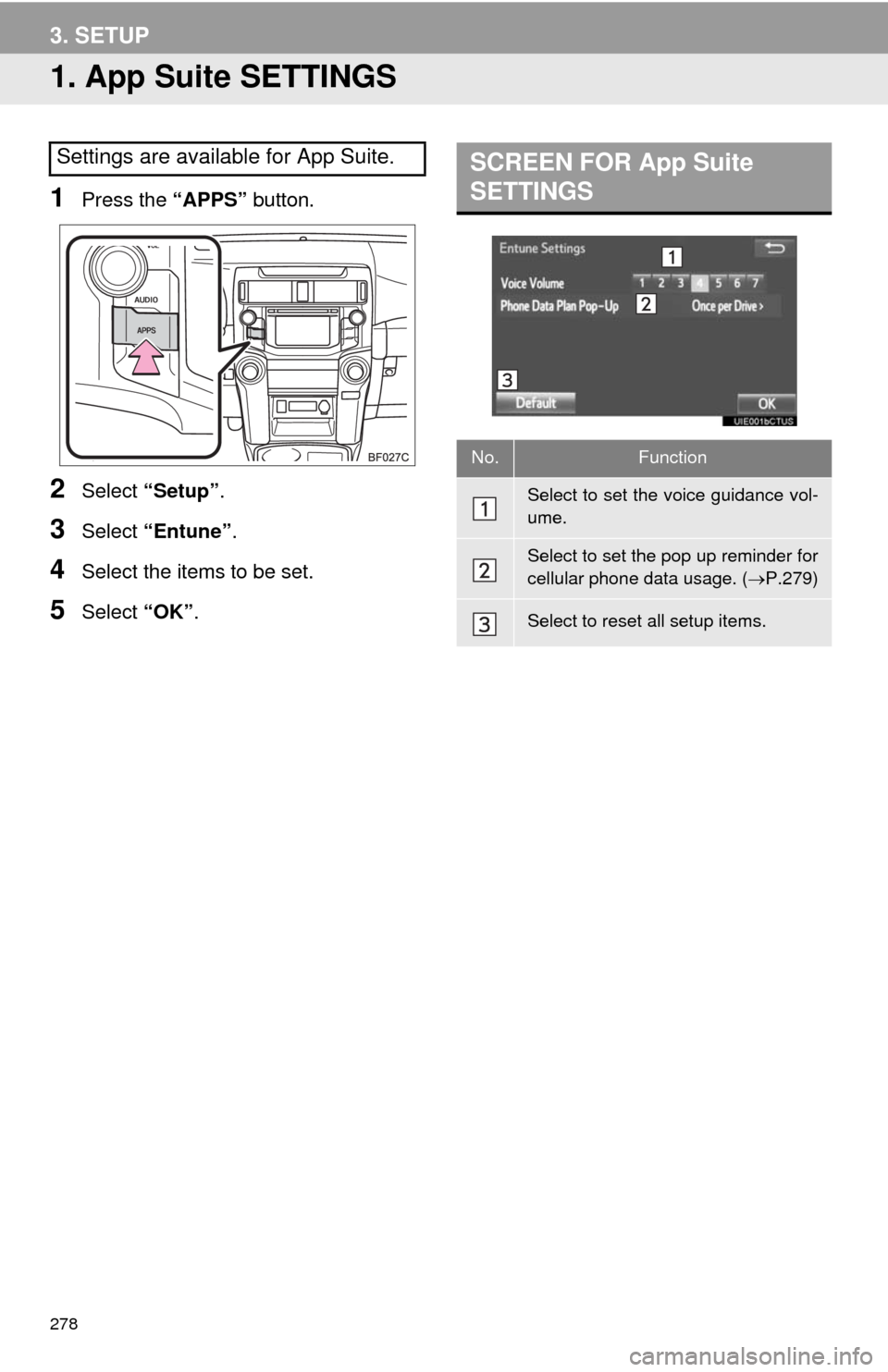 TOYOTA 4RUNNER 2014 N280 / 5.G Navigation Manual 278
3. SETUP
1. App Suite SETTINGS
1Press the “APPS” button.
2Select “Setup”.
3Select “Entune”.
4Select the items to be set.
5Select “OK”.
Settings are available for App Suite.SCREEN F