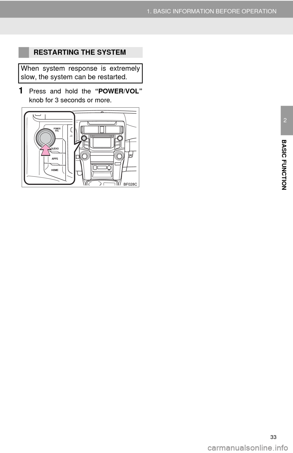 TOYOTA 4RUNNER 2014 N280 / 5.G Navigation Manual 33
1. BASIC INFORMATION BEFORE OPERATION
2
BASIC FUNCTION
1Press and hold the “POWER/VOL”
knob for 3 seconds or more.
RESTARTING THE SYSTEM
When system response is extremely
slow, the system can b