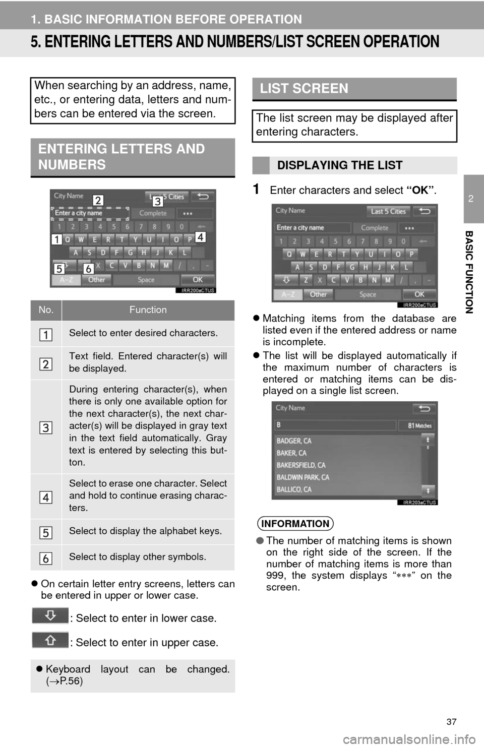 TOYOTA 4RUNNER 2014 N280 / 5.G Navigation Manual 37
1. BASIC INFORMATION BEFORE OPERATION
2
BASIC FUNCTION
5. ENTERING LETTERS AND NUMBERS/LIST SCREEN OPERATION
On certain letter entry screens, letters can
be entered in upper or lower case.
: Sel TOYOTA 4RUNNER 2014 N280 / 5.G Navigation Manual 37
1. BASIC INFORMATION BEFORE OPERATION
2
BASIC FUNCTION
5. ENTERING LETTERS AND NUMBERS/LIST SCREEN OPERATION
On certain letter entry screens, letters can
be entered in upper or lower case.
: Sel