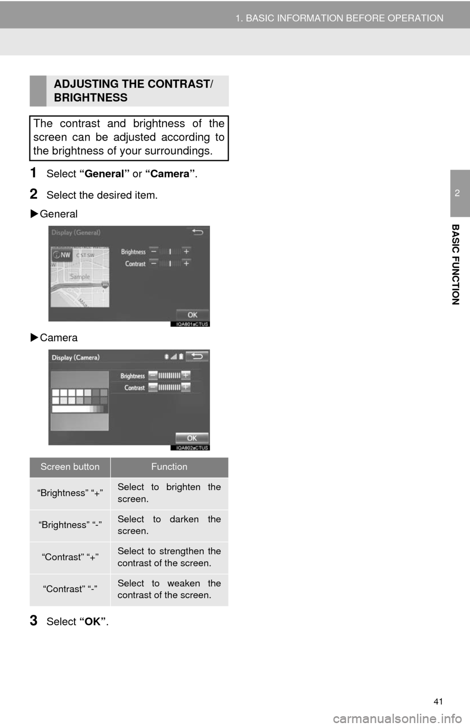 TOYOTA 4RUNNER 2014 N280 / 5.G Navigation Manual 41
1. BASIC INFORMATION BEFORE OPERATION
2
BASIC FUNCTION
1Select “General” or “Camera”.
2Select the desired item.
General
Camera
3Select “OK”.
ADJUSTING THE CONTRAST/
BRIGHTNESS
The TOYOTA 4RUNNER 2014 N280 / 5.G Navigation Manual 41
1. BASIC INFORMATION BEFORE OPERATION
2
BASIC FUNCTION
1Select “General” or “Camera”.
2Select the desired item.
General
Camera
3Select “OK”.
ADJUSTING THE CONTRAST/
BRIGHTNESS
The