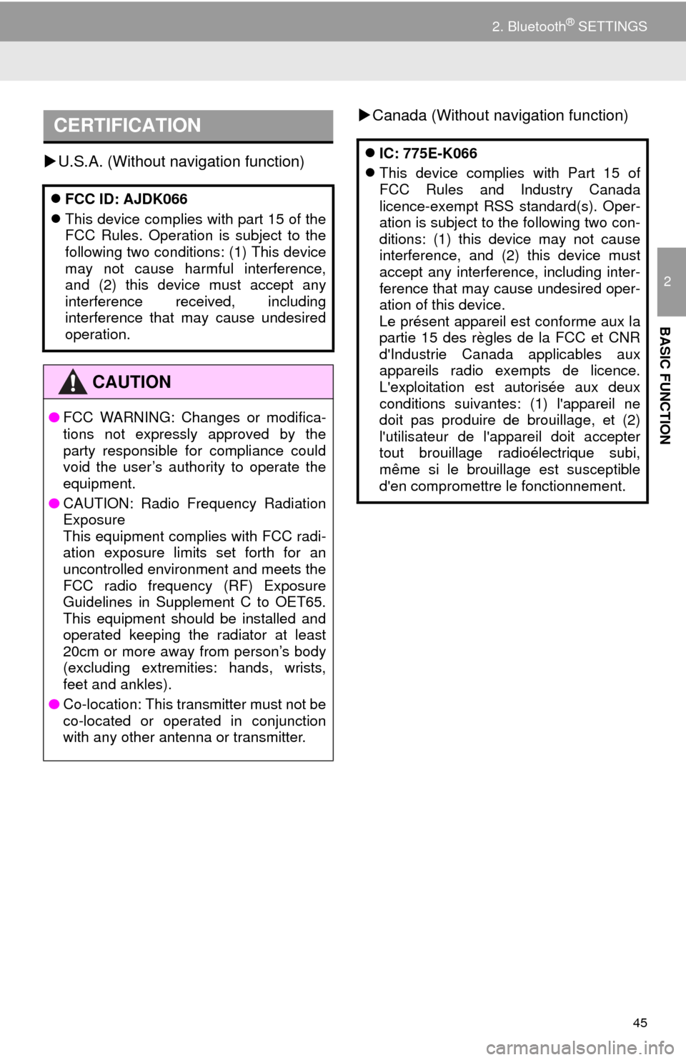TOYOTA 4RUNNER 2014 N280 / 5.G Navigation Manual 45
2. Bluetooth® SETTINGS
2
BASIC FUNCTION
U.S.A. (Without navigation function)Canada (Without navigation function)
CERTIFICATION
FCC ID: AJDK066
This device complies with part 15 of the
