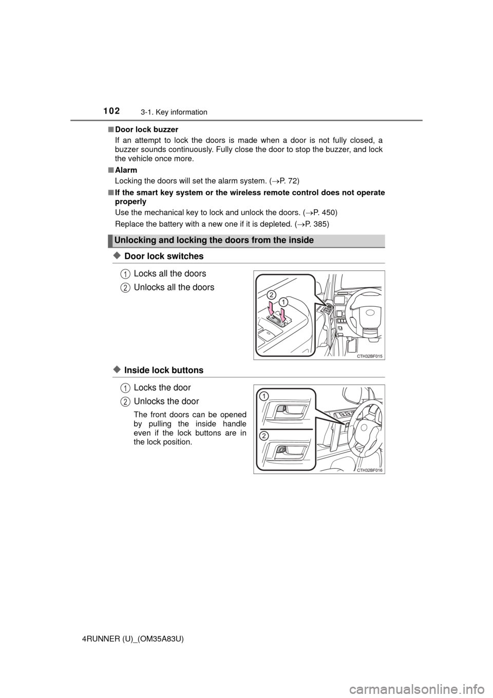 TOYOTA 4RUNNER 2014 N280 / 5.G Owners Manual 1023-1. Key information
4RUNNER (U)_(OM35A83U)■
Door lock buzzer
If an attempt to lock the doors is made when a door is not fully closed, a
buzzer sounds continuously. Fully close the door to stop t